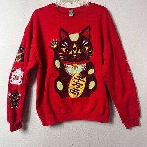 Sweatshirt women‎ sz L red Chinese New Year of the Cat Maneki Neko attract luck